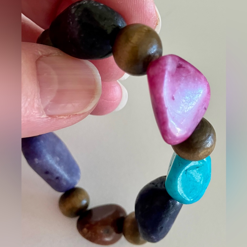 Multicolor Stone And Wood Beaded Elastic Bracelet, Perfect Condition, Colorful